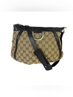 Gucci D Ring Beige Brown GG Canvas Crossbody with Black Leather Trim
